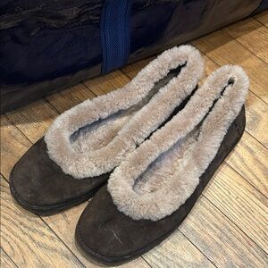 UGG Dark Brown Slippers with Plush Beige Trim